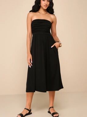 Lulu's Strapless Black Midi Dress with Pockets XL